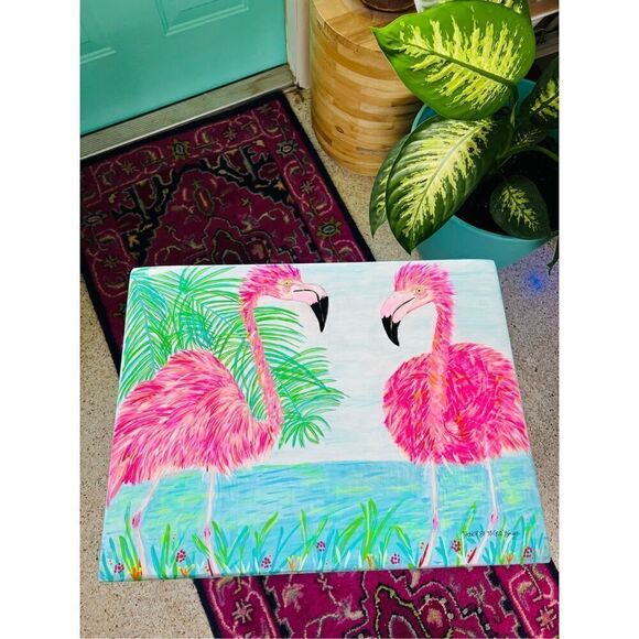 Flamingo Tray Table Hand Painted Coastal Original Vintage Rare Wood L19” W14” H2 - Picture 13 of 16